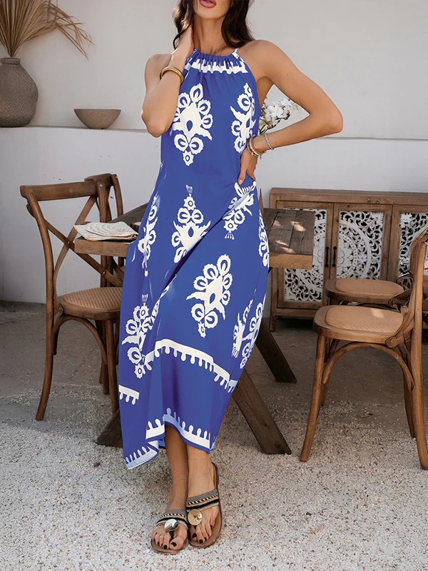 A-Line Loose Contrast Color Halter-Neck Maxi Dresses - Image 12