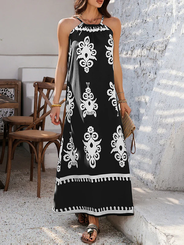 A-Line Loose Contrast Color Halter-Neck Maxi Dresses - Image 14