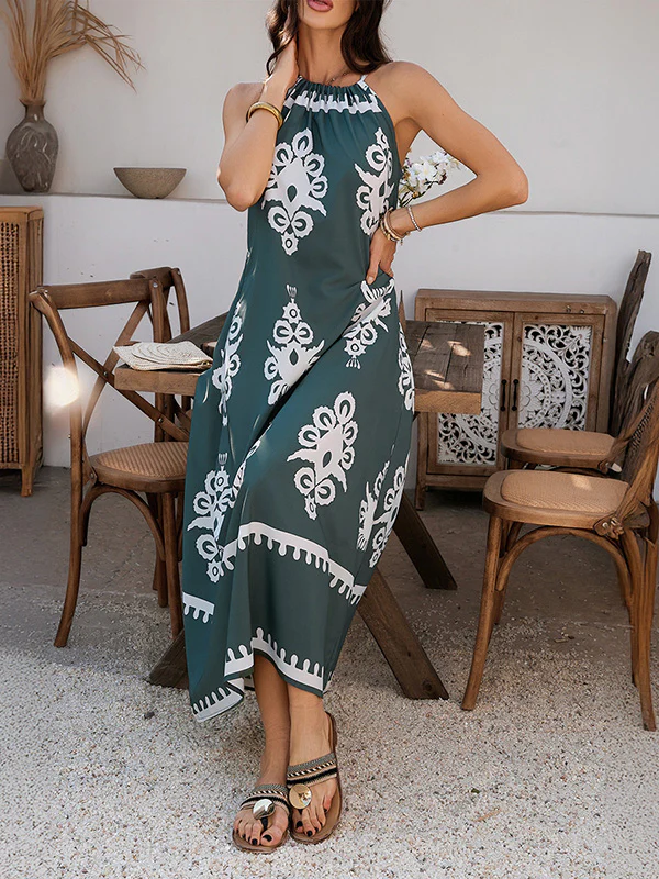 A-Line Loose Contrast Color Halter-Neck Maxi Dresses - Image 17