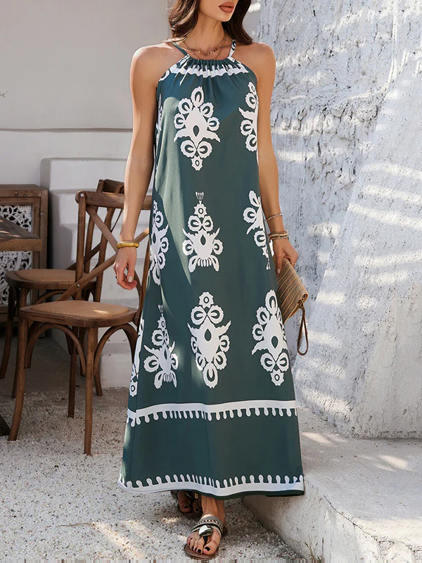 A-Line Loose Contrast Color Halter-Neck Maxi Dresses - Image 2