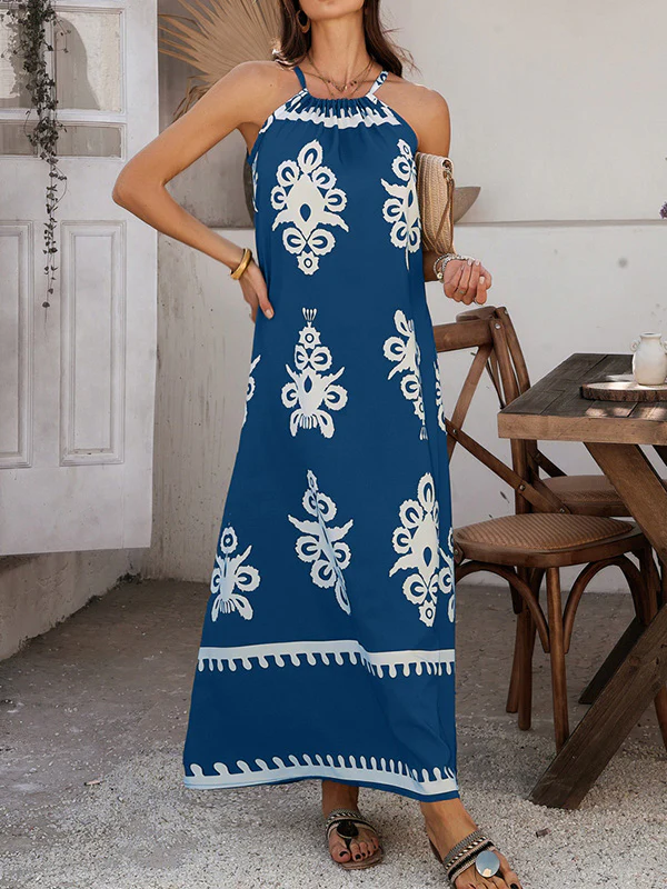 A-Line Loose Contrast Color Halter-Neck Maxi Dresses - Image 8