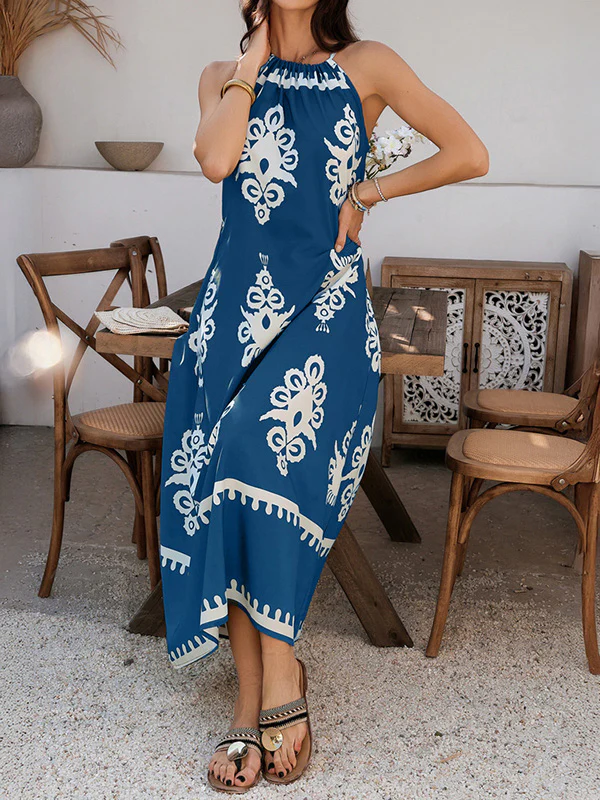 A-Line Loose Contrast Color Halter-Neck Maxi Dresses - Image 9