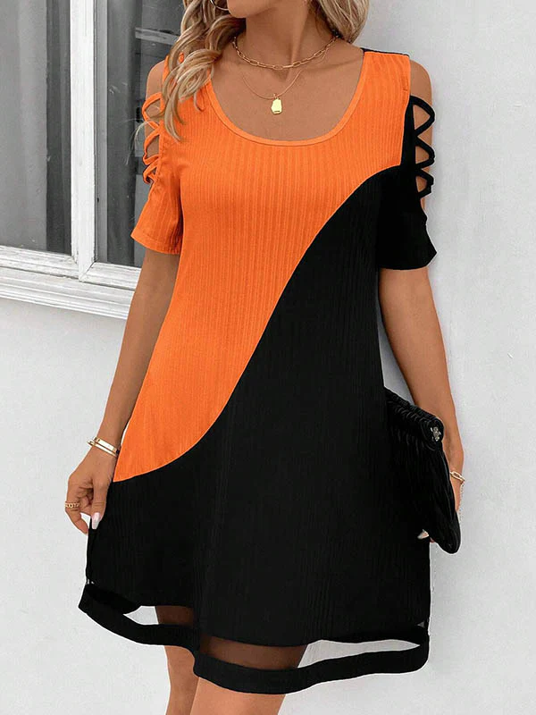 A-Line Loose Contrast Color Hollow Mesh Split-Joint Cold Shoulder Mini Dresses - Image 12