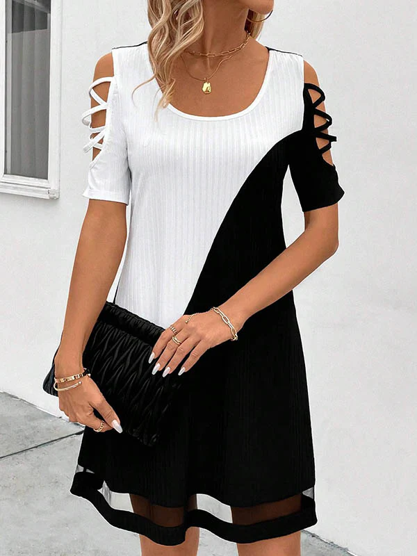 A-Line Loose Contrast Color Hollow Mesh Split-Joint Cold Shoulder Mini Dresses - Image 13
