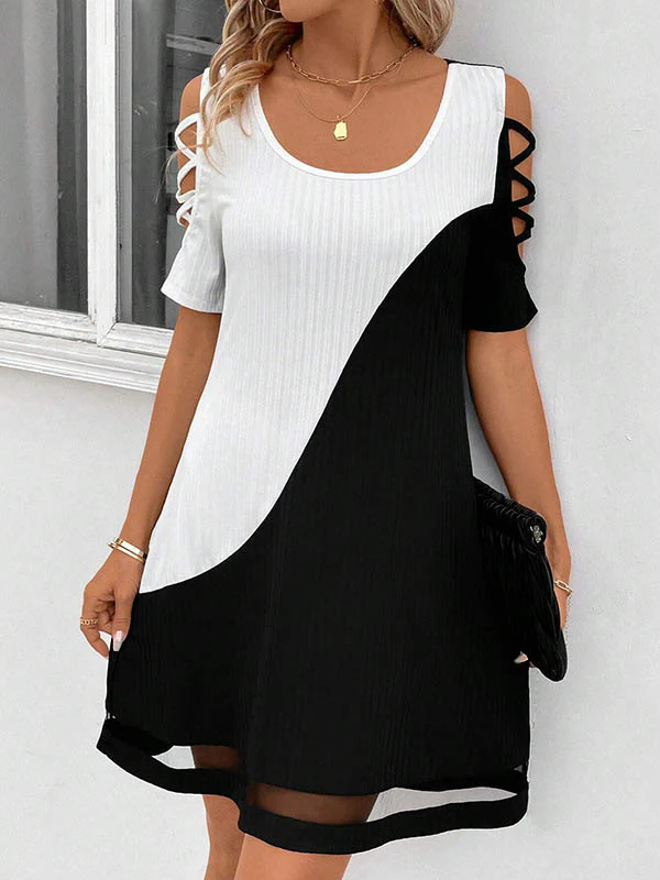 A-Line Loose Contrast Color Hollow Mesh Split-Joint Cold Shoulder Mini Dresses - Image 14