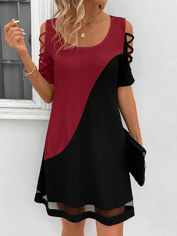 A-Line Loose Contrast Color Hollow Mesh Split-Joint Cold Shoulder Mini Dresses - Image 16