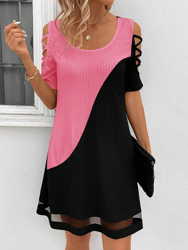 A-Line Loose Contrast Color Hollow Mesh Split-Joint Cold Shoulder Mini Dresses - Image 19