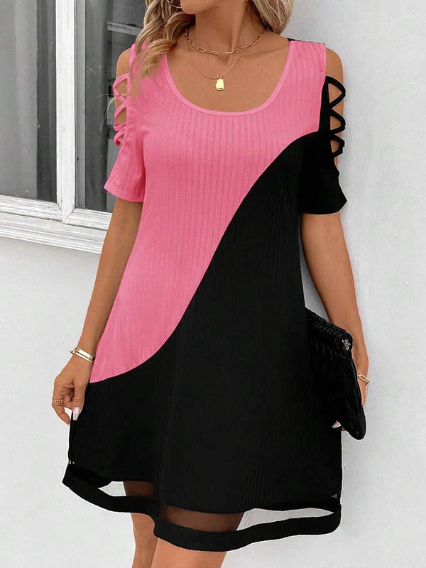 A-Line Loose Contrast Color Hollow Mesh Split-Joint Cold Shoulder Mini Dresses - Image 21