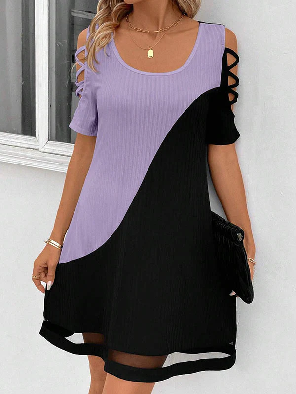 A-Line Loose Contrast Color Hollow Mesh Split-Joint Cold Shoulder Mini Dresses - Image 8
