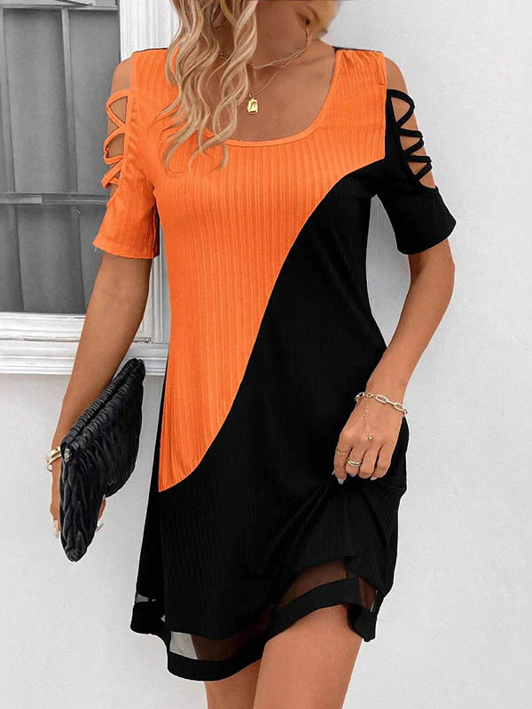 A-Line Loose Contrast Color Hollow Mesh Split-Joint Cold Shoulder Mini Dresses - Image 9