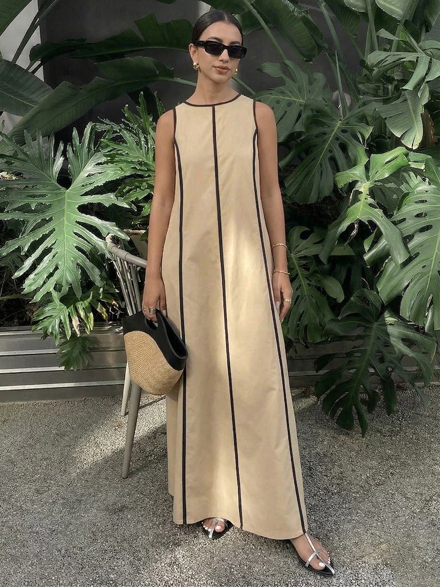 A-Line Loose Contrast Color Line Round-Neck Maxi Dresses - Image 2