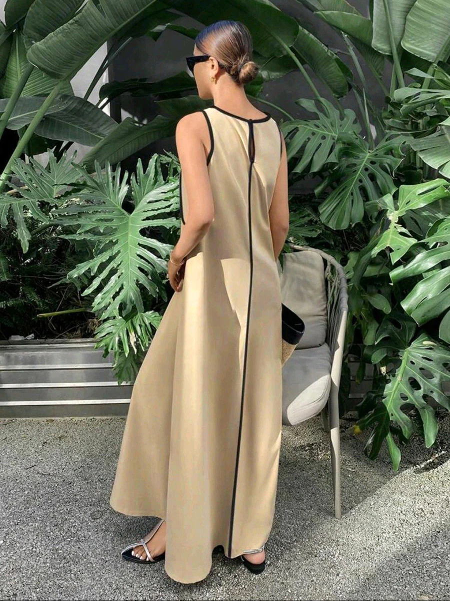 A-Line Loose Contrast Color Line Round-Neck Maxi Dresses - Image 3