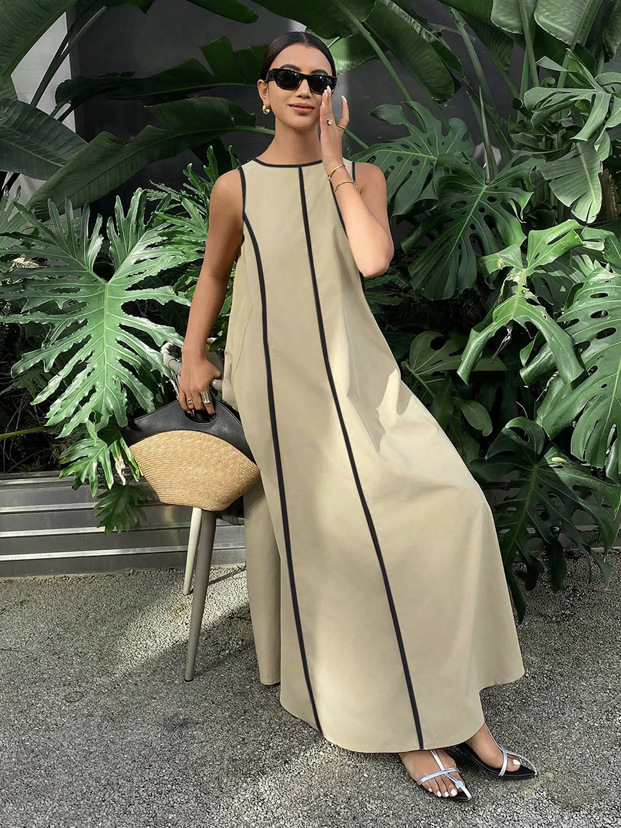 A-Line Loose Contrast Color Line Round-Neck Maxi Dresses - Image 4