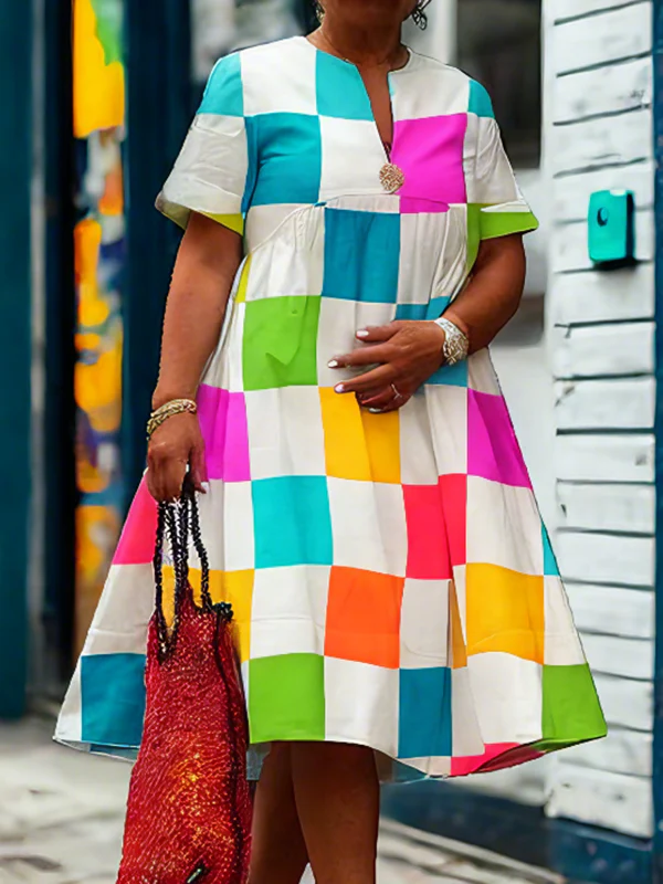 A-Line Loose Contrast Color Plaid Pleated Deep V-Neck Midi Dresses Shirt Dress - Image 2