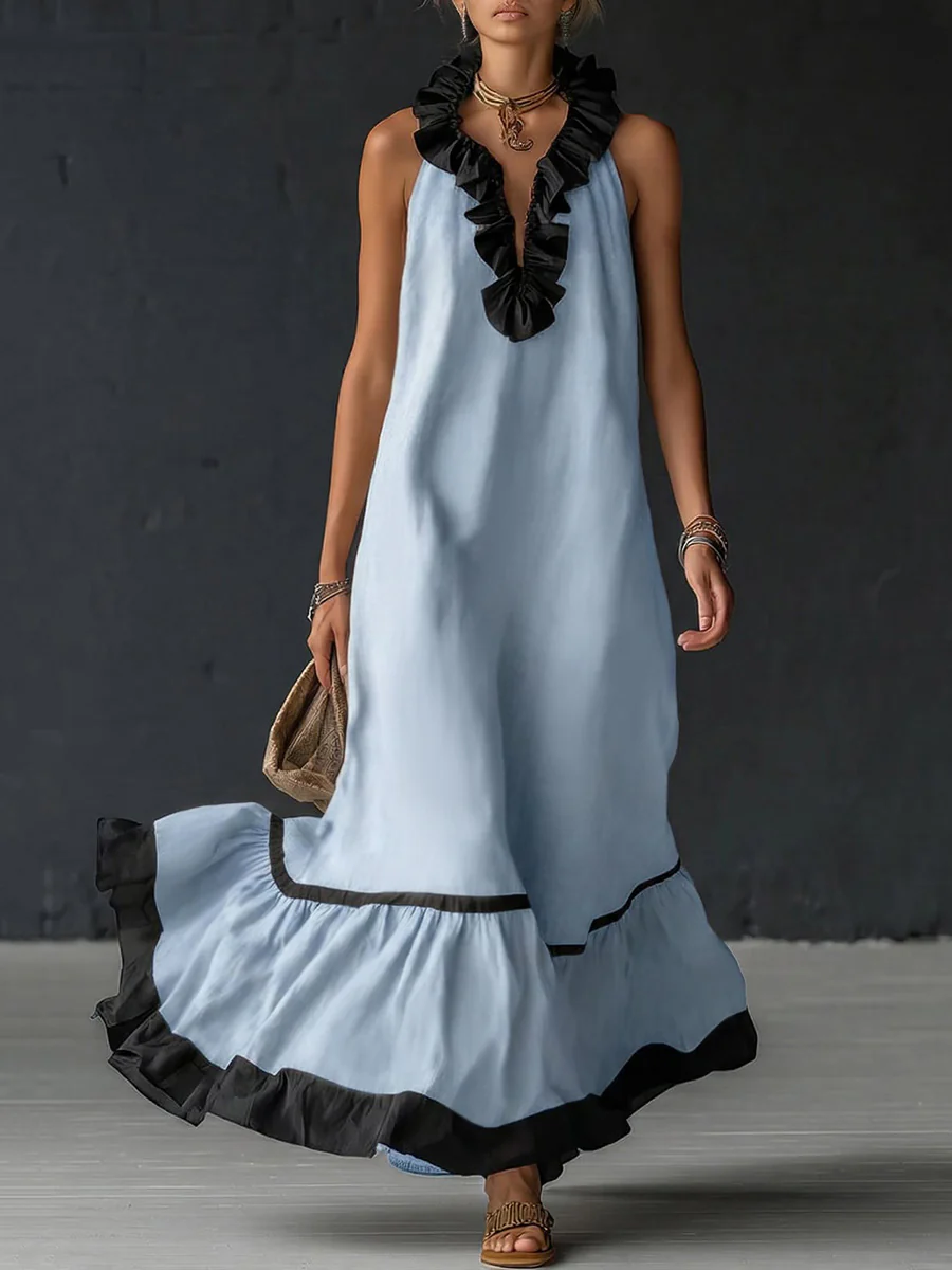 A-Line Loose Contrast Color Pleated Ruffle Trim Split-Joint V-Neck Maxi Dresses - Image 2