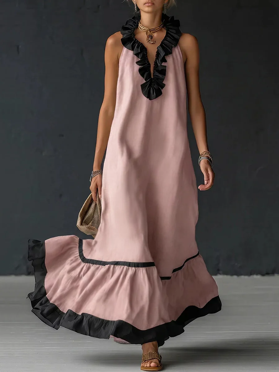 A-Line Loose Contrast Color Pleated Ruffle Trim Split-Joint V-Neck Maxi Dresses - Image 3