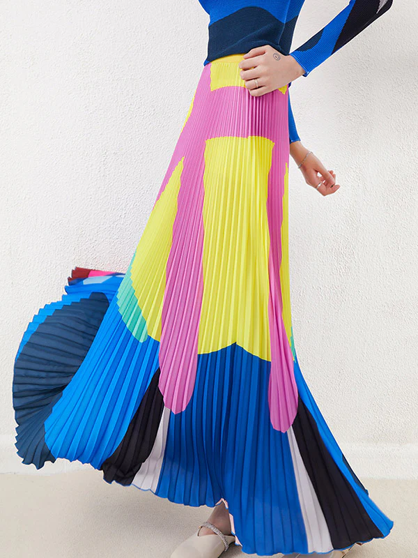 A-Line Loose Contrast Color Pleated Skirts Bottoms - Image 2