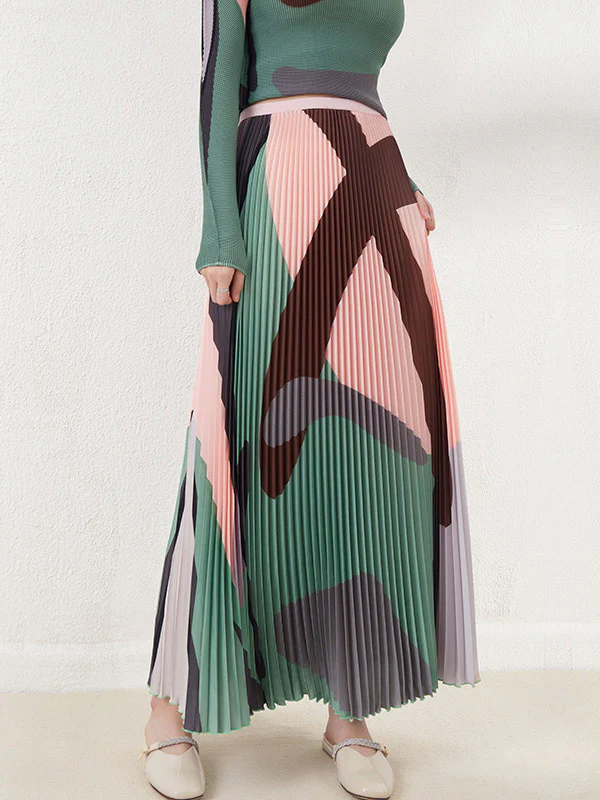 A-Line Loose Contrast Color Pleated Skirts Bottoms - Image 7