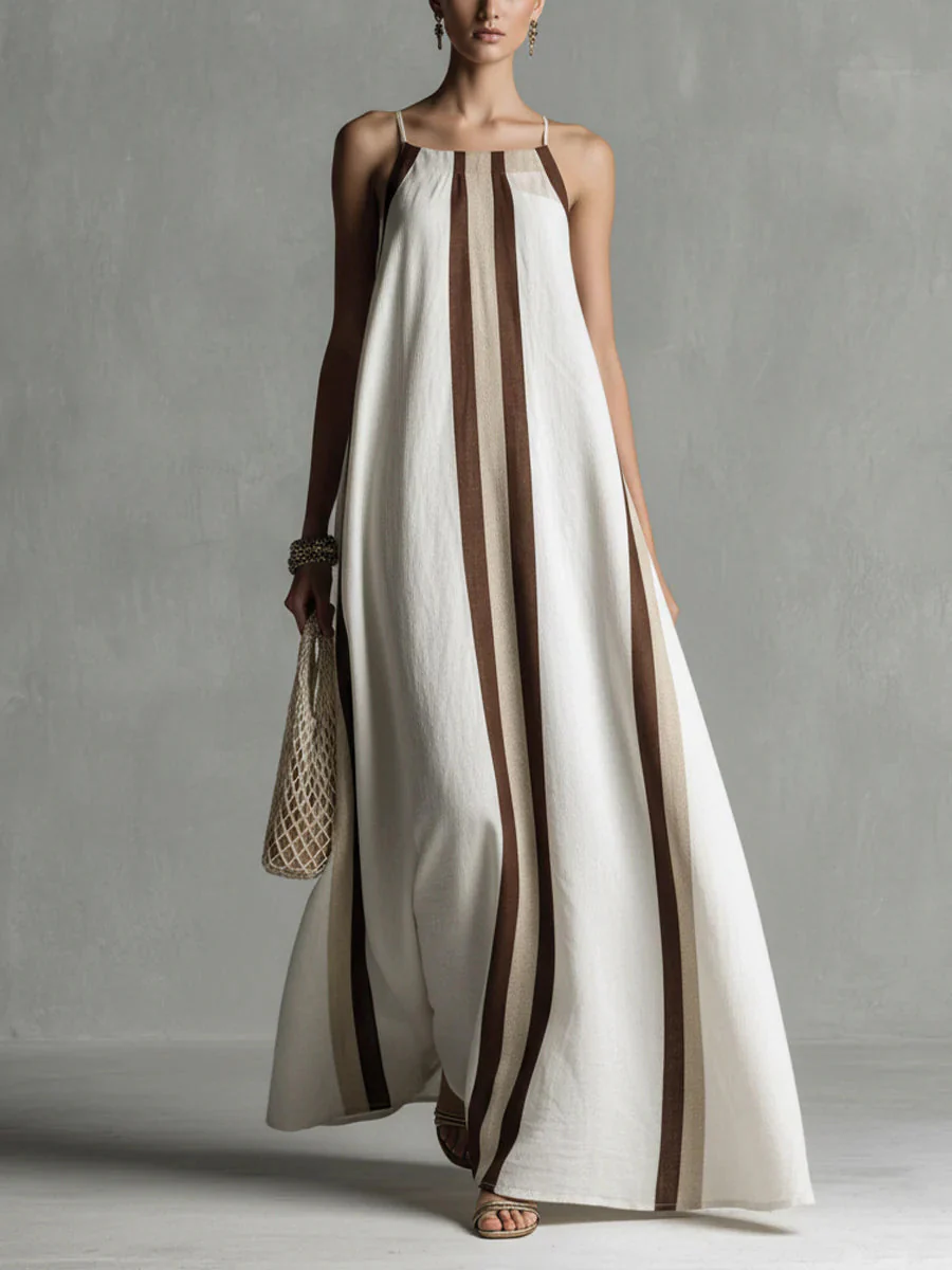 A-Line Loose Contrast Color Pleated Spaghetti-Neck Maxi Dresses - Image 2