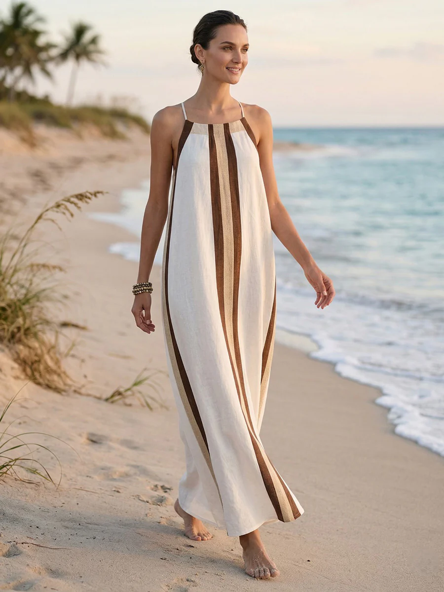 A-Line Loose Contrast Color Pleated Spaghetti-Neck Maxi Dresses - Image 4