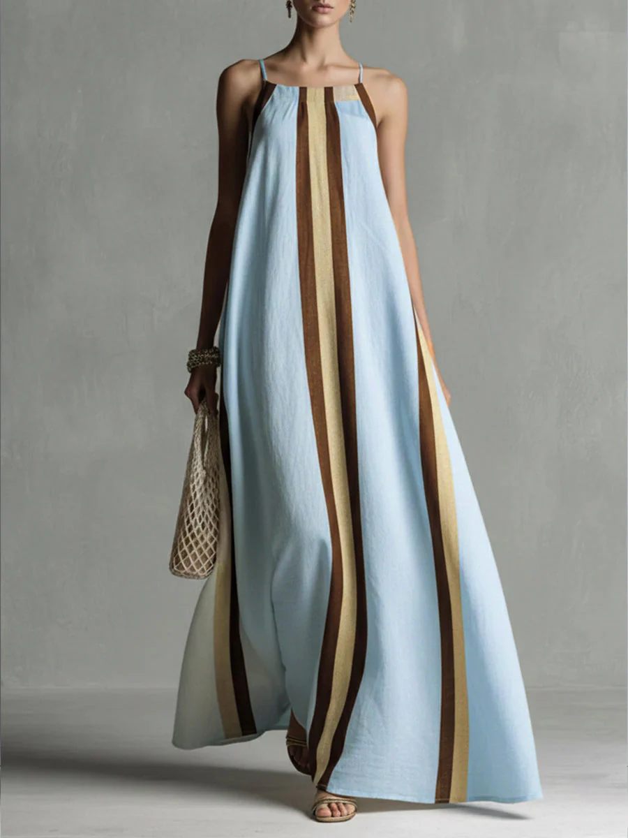 A-Line Loose Contrast Color Pleated Spaghetti-Neck Maxi Dresses - Image 5