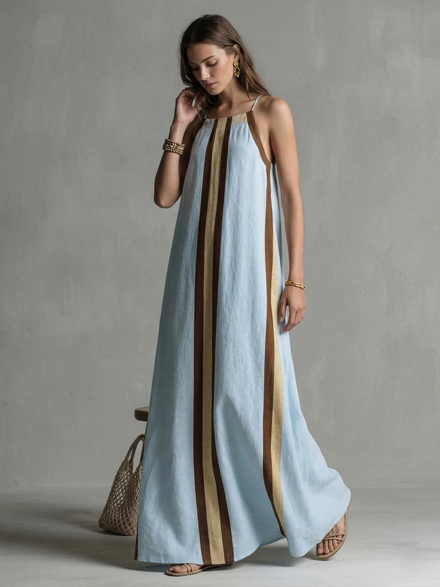 A-Line Loose Contrast Color Pleated Spaghetti-Neck Maxi Dresses - Image 7