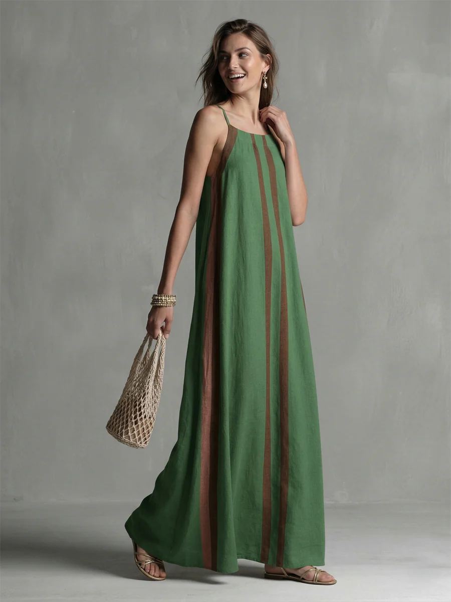 A-Line Loose Contrast Color Pleated Spaghetti-Neck Maxi Dresses - Image 8