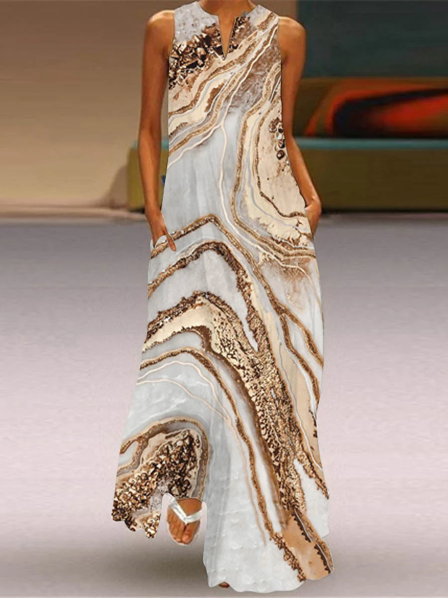 A-Line Loose Contrast Color Pockets Printed Split-Joint V-Neck Maxi Dresses - Image 11