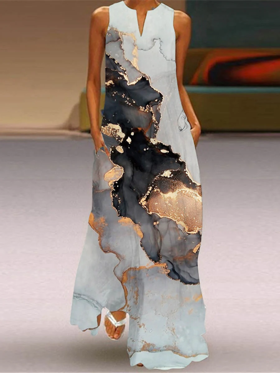 A-Line Loose Contrast Color Pockets Printed Split-Joint V-Neck Maxi Dresses - Image 2
