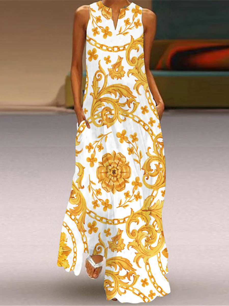 A-Line Loose Contrast Color Pockets Printed Split-Joint V-Neck Maxi Dresses - Image 3