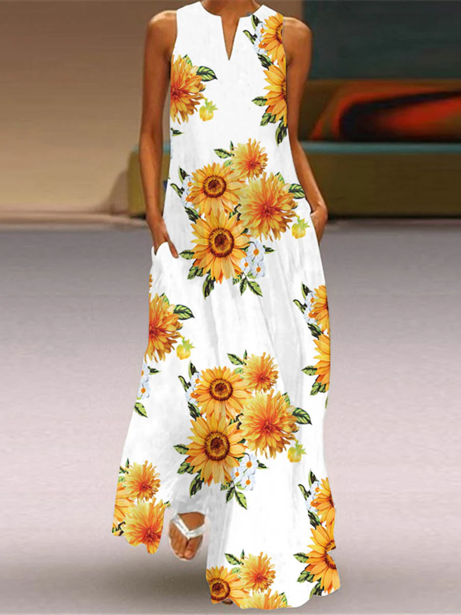 A-Line Loose Contrast Color Pockets Printed Split-Joint V-Neck Maxi Dresses - Image 4