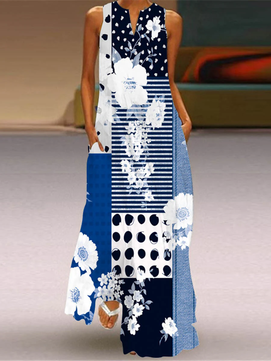 A-Line Loose Contrast Color Pockets Printed Split-Joint V-Neck Maxi Dresses - Image 5