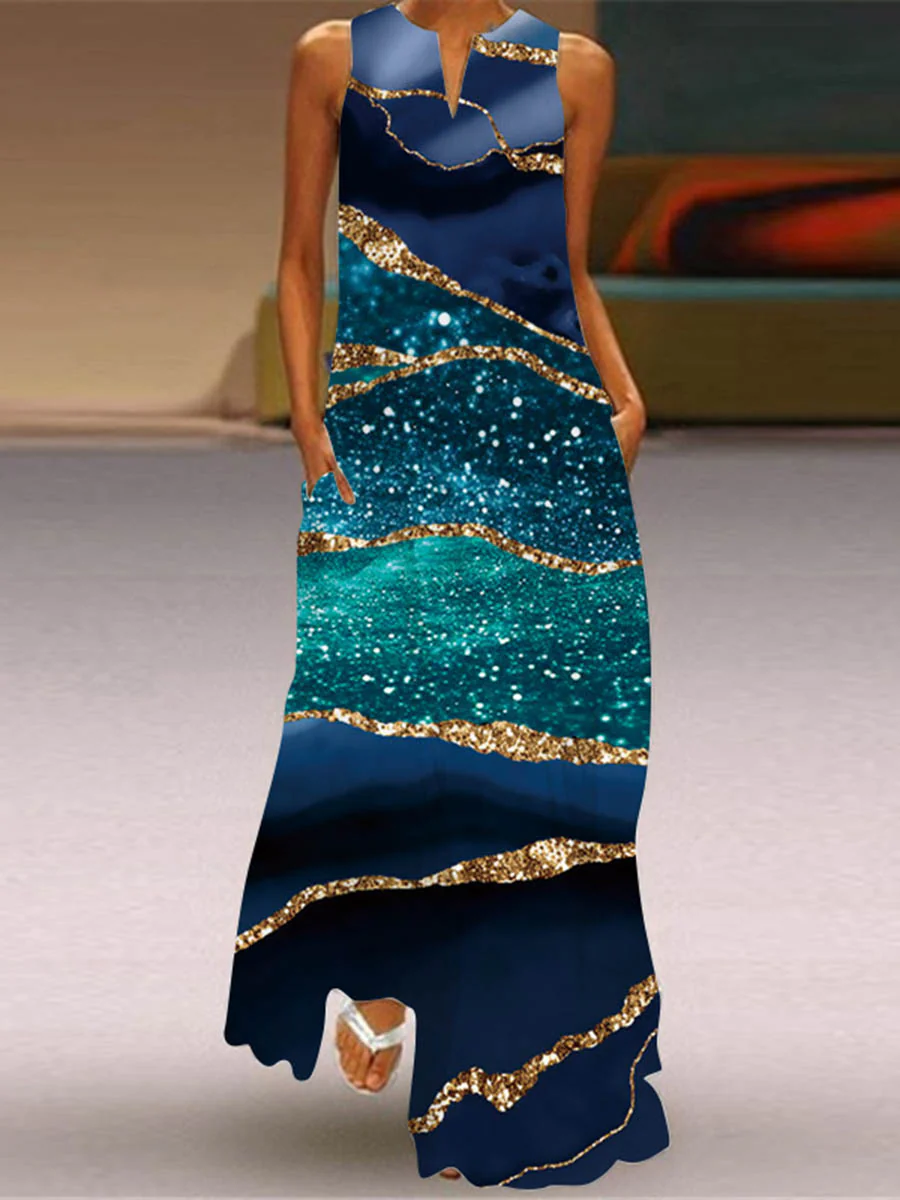 A-Line Loose Contrast Color Pockets Printed Split-Joint V-Neck Maxi Dresses - Image 6