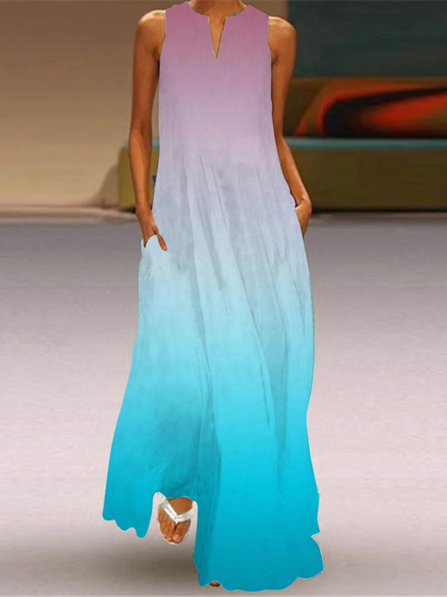 A-Line Loose Contrast Color Pockets Printed Split-Joint V-Neck Maxi Dresses - Image 7