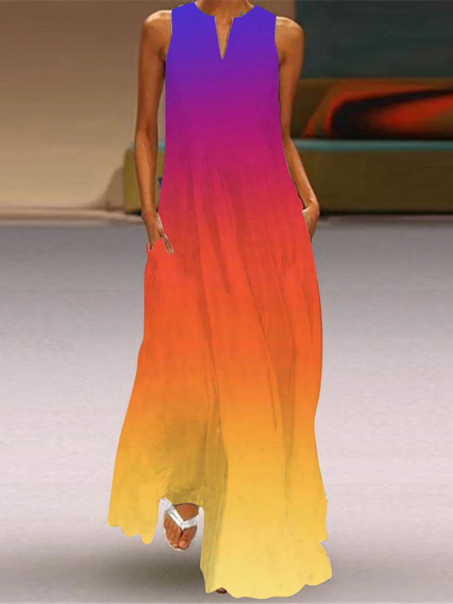 A-Line Loose Contrast Color Pockets Printed Split-Joint V-Neck Maxi Dresses - Image 8