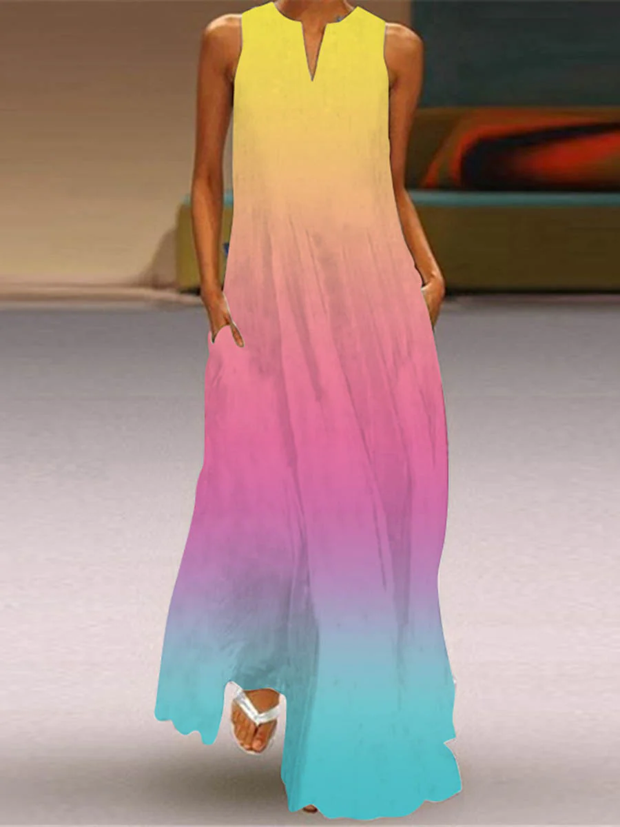 A-Line Loose Contrast Color Pockets Printed Split-Joint V-Neck Maxi Dresses - Image 9