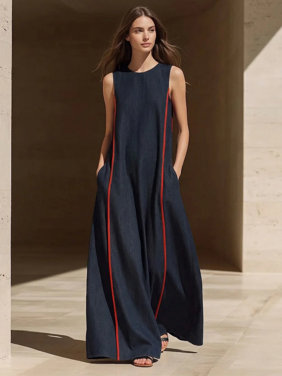 A-line Loose Contrast Color Pockets Split-Joint Round-neck Maxi Dresses - Image 2