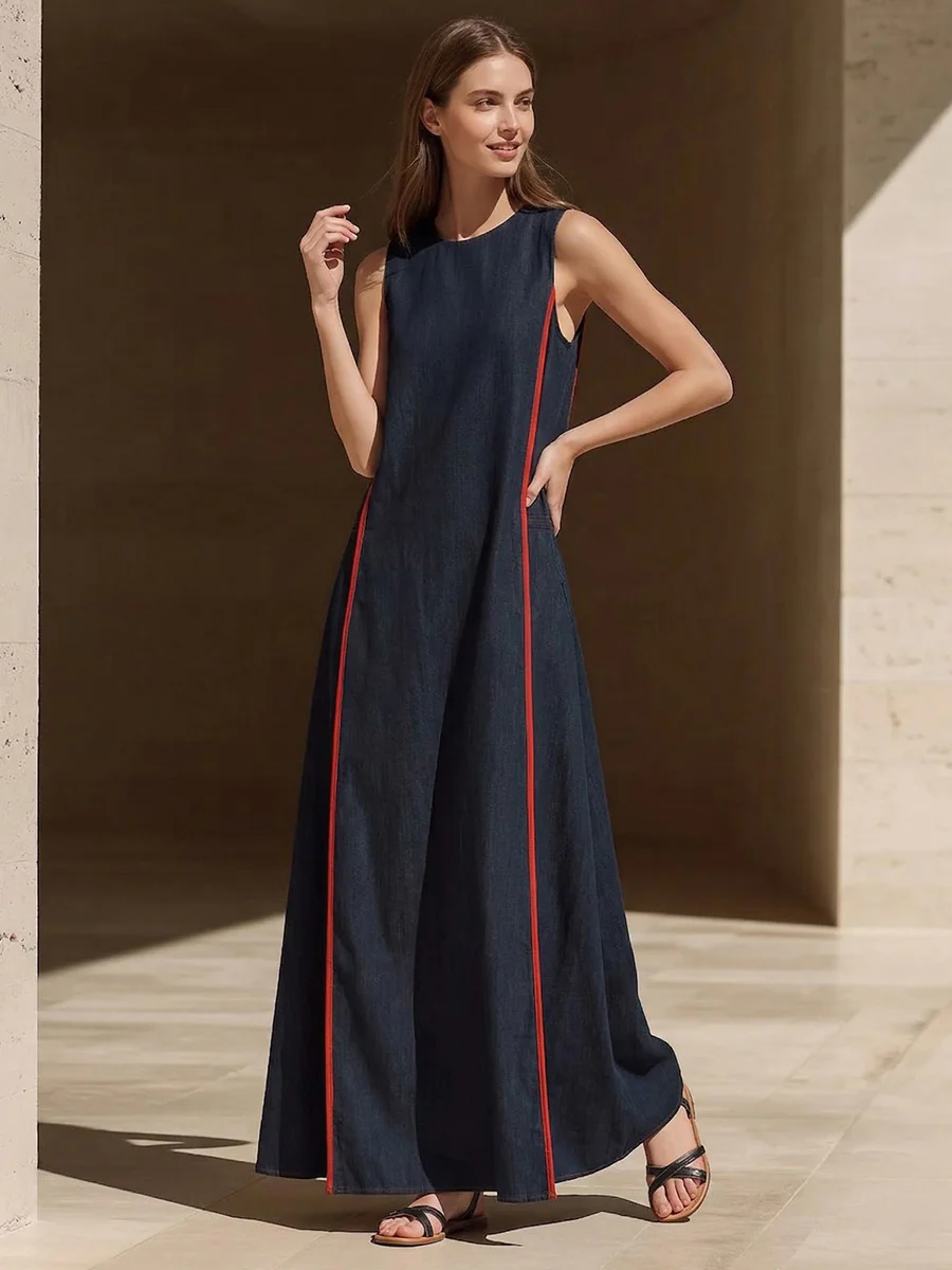 A-line Loose Contrast Color Pockets Split-Joint Round-neck Maxi Dresses - Image 3