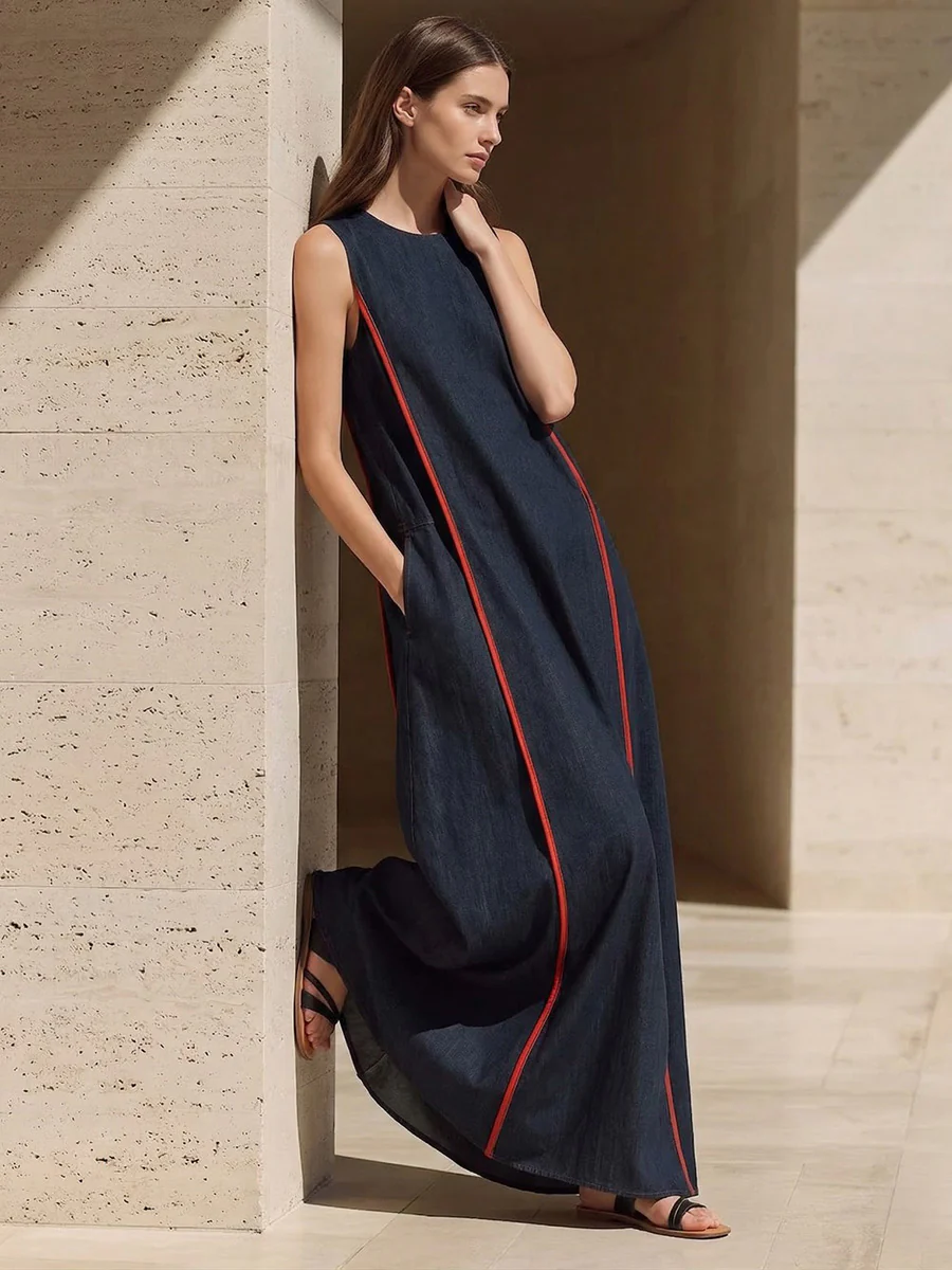 A-line Loose Contrast Color Pockets Split-Joint Round-neck Maxi Dresses - Image 4