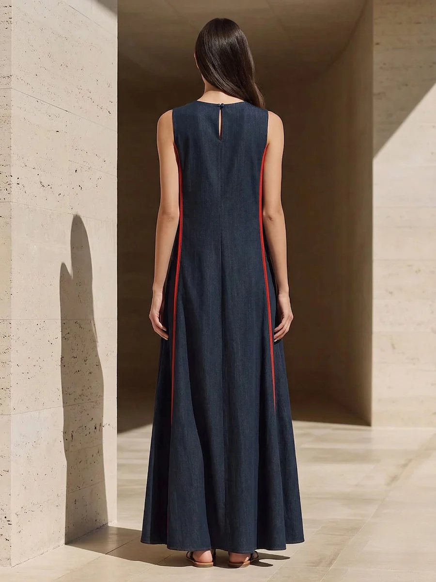 A-line Loose Contrast Color Pockets Split-Joint Round-neck Maxi Dresses - Image 5