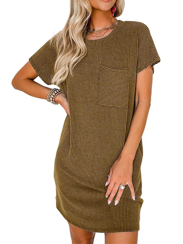 A-Line Loose Contrast Color Pockets Split-Joint Striped Round-Neck Mini Dresses - Image 10
