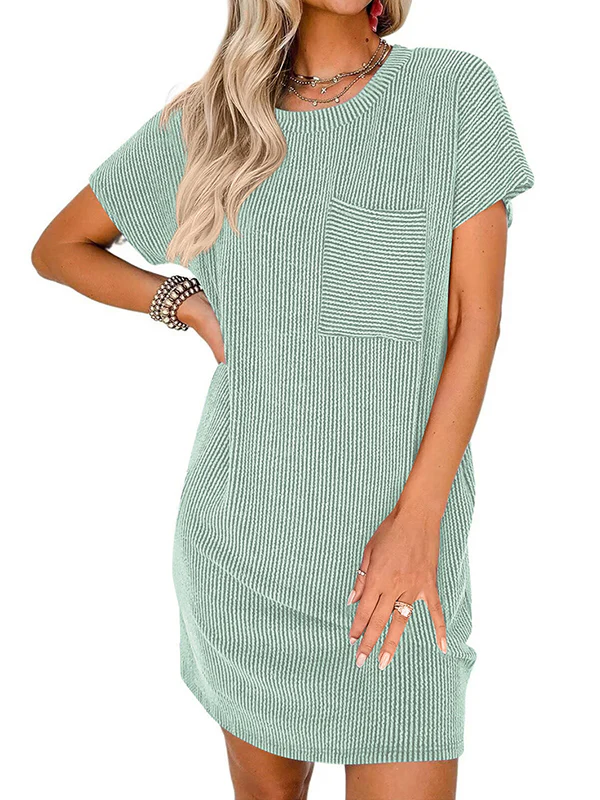 A-Line Loose Contrast Color Pockets Split-Joint Striped Round-Neck Mini Dresses - Image 11