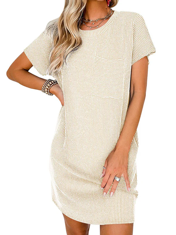 A-Line Loose Contrast Color Pockets Split-Joint Striped Round-Neck Mini Dresses - Image 12