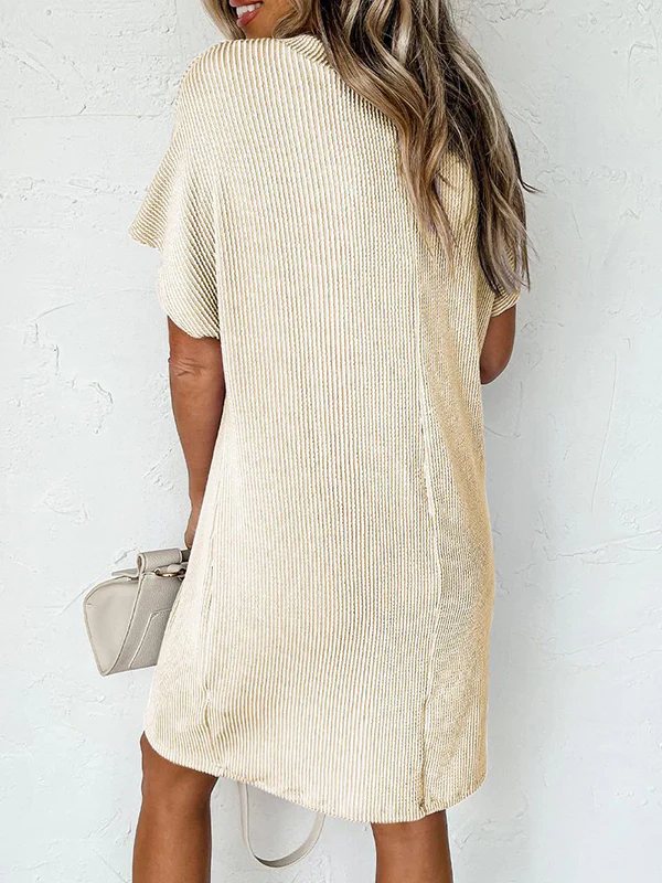 A-Line Loose Contrast Color Pockets Split-Joint Striped Round-Neck Mini Dresses - Image 13