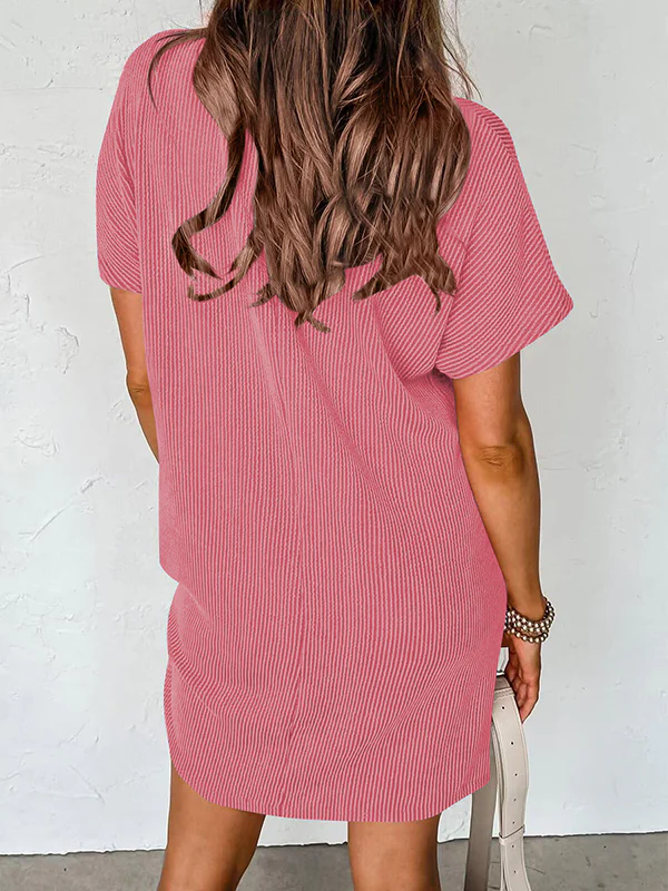A-Line Loose Contrast Color Pockets Split-Joint Striped Round-Neck Mini Dresses - Image 15