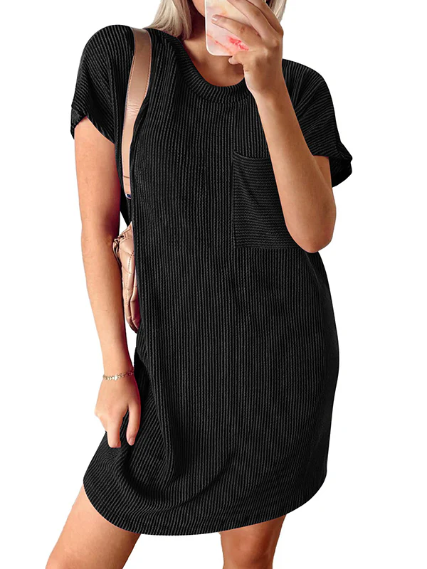 A-Line Loose Contrast Color Pockets Split-Joint Striped Round-Neck Mini Dresses - Image 16