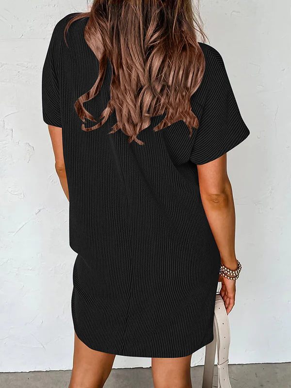 A-Line Loose Contrast Color Pockets Split-Joint Striped Round-Neck Mini Dresses - Image 17