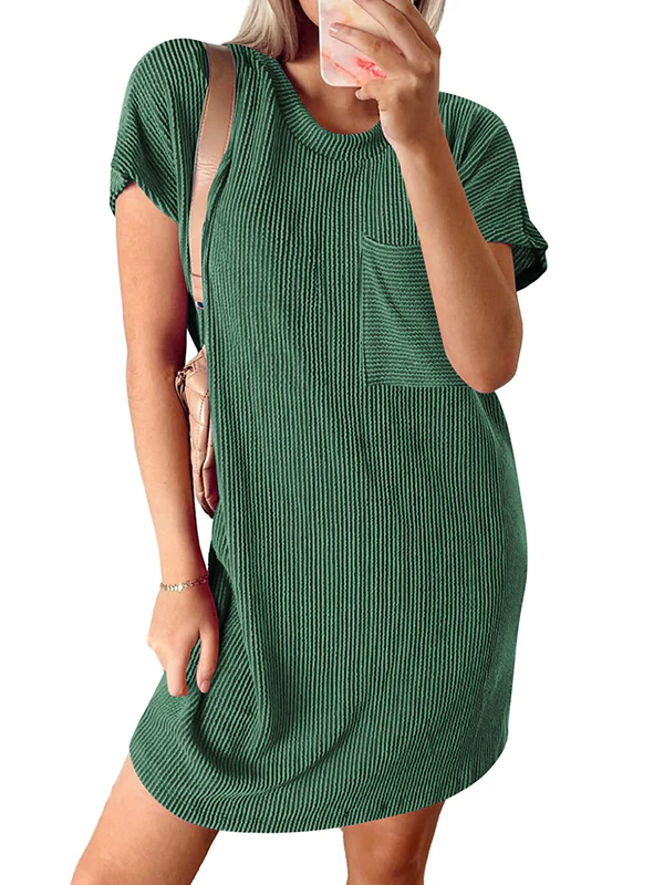 A-Line Loose Contrast Color Pockets Split-Joint Striped Round-Neck Mini Dresses - Image 18