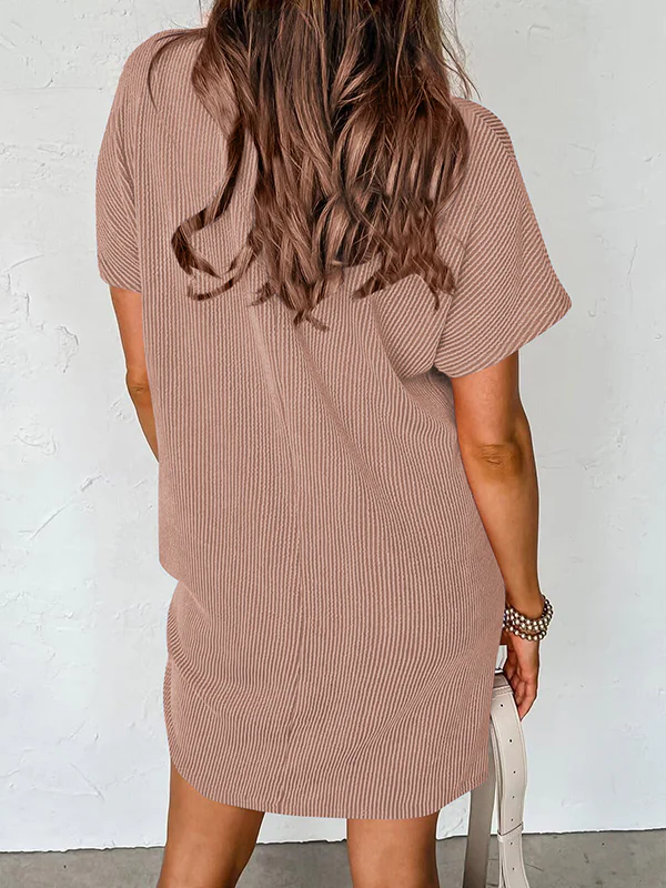 A-Line Loose Contrast Color Pockets Split-Joint Striped Round-Neck Mini Dresses - Image 20