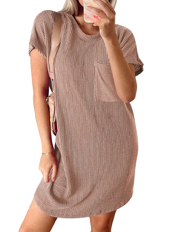 A-Line Loose Contrast Color Pockets Split-Joint Striped Round-Neck Mini Dresses - Image 21